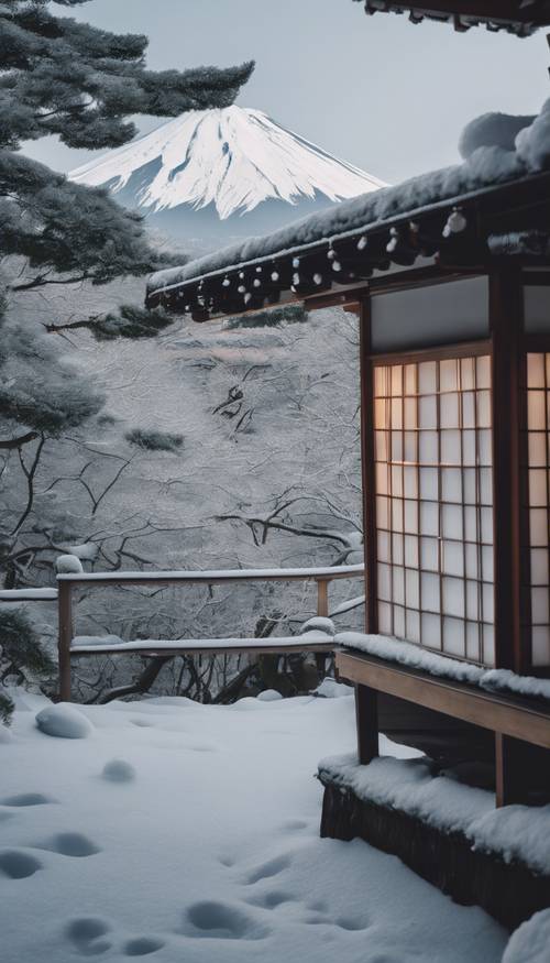 Der Fuji durch den Schneefall einer heißen Quelle eines Ryokans gesehen