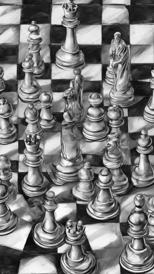 Un disegno straordinariamente dettagliato di una partita a scacchi a metà mossa in toni di scala di grigi.