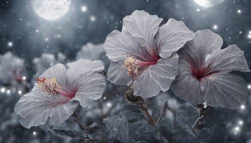 Pintura hiperrealista de flores de hibisco gris bañadas por la fría luz de la luna invernal.