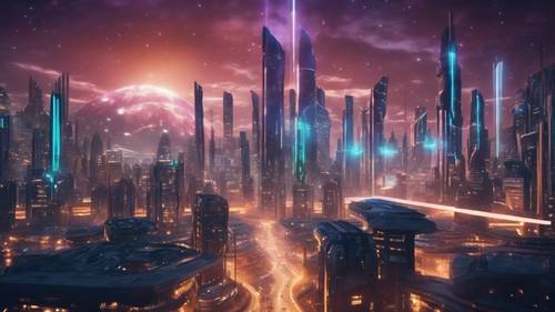 Futuristic city with energy shields on buildings, under a radiant aurora night sky.
