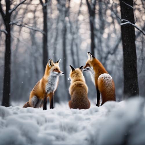 Рыжая лисица и белая лисица смотрят друг на друга на контрастном фоне темного леса и заснеженных равнин.