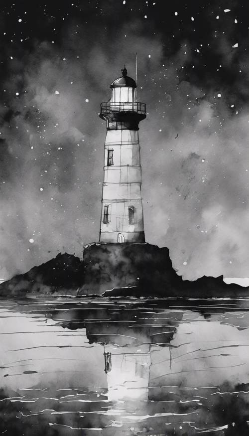 Melancholijna czarno-biała akwarela przedstawiająca samotną latarnię morską w środku nocy.