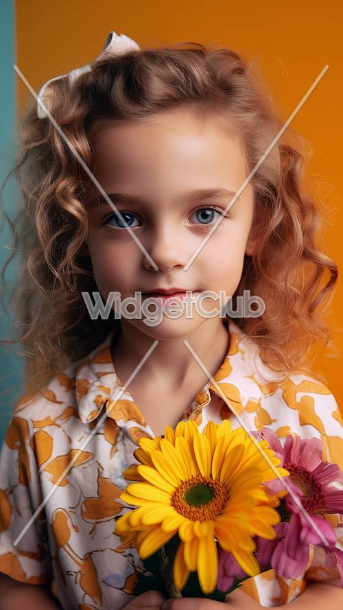 밝은 노란색 꽃을 들고 있는 어린 소녀