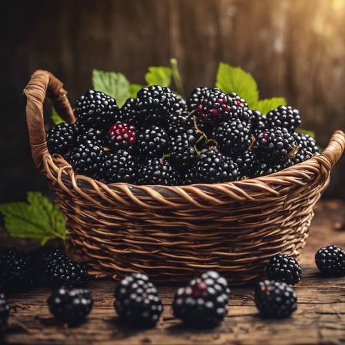 A pile of gleaming, ripe blackberries, overflowing from a rustic wooden basket. Tapet [247df83d02134a169240]