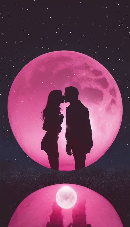 Sylwetki dwóch kochanków w ciemnoróżowej bańce w kształcie serca na tle księżyca.