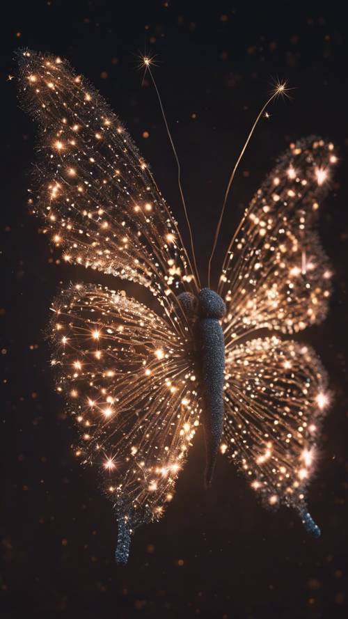 Uma vista de perto de um único fogo de artifício em forma de borboleta, contra um céu escuro e vazio.
