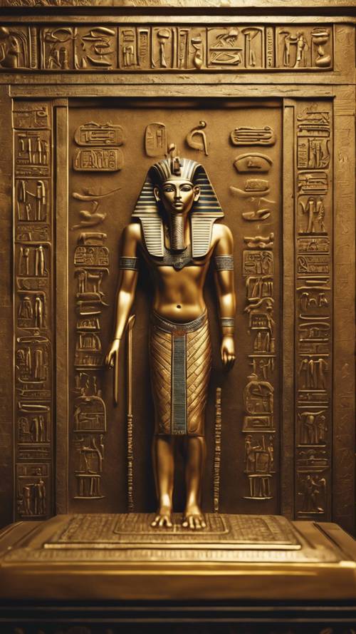 A golden Egyptian hieroglyph-covered sarcophagus in an ancient tomb.
