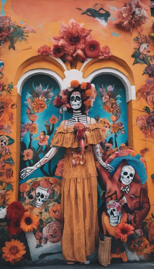 A vibrant mural celebrating Dia de Los Muertos in Mexico City during sunset