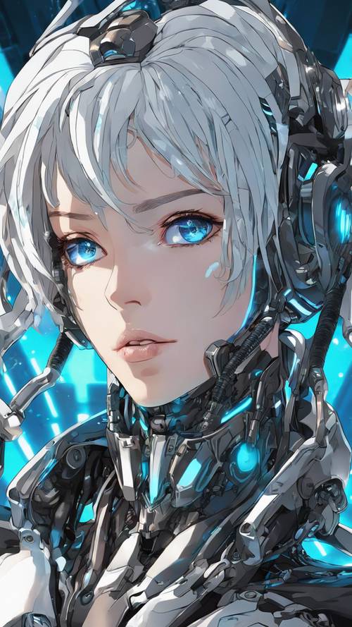 Un portrait détaillé d&#39;un androïde cybernétique inspiré de l&#39;anime, avec des yeux bleus brillants et des cheveux argentés.