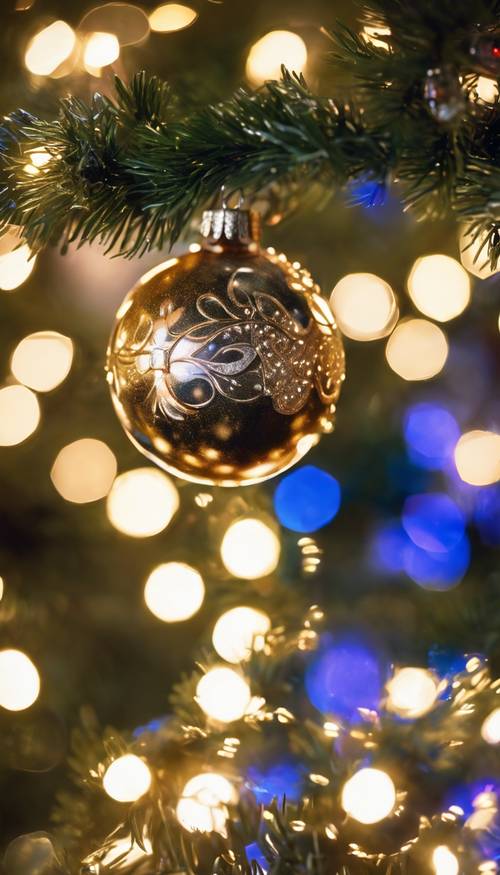 A detailed close-up of a shiny bauble hanging on a beautifully decorated Christmas tree with twinkling fairy lights reflecting off it.