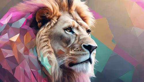 Gambar abstrak singa yang sangat bergaya yang digambarkan dengan bentuk geometris dan warna pastel.