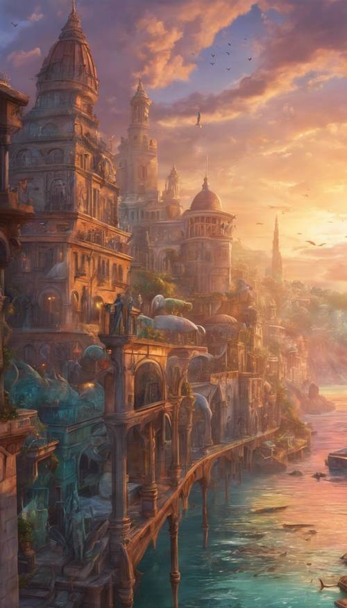 Sunrise over a seaside fantasy city with mermaid statues on rooftops.