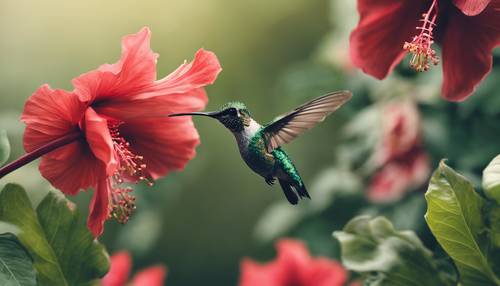 A hummingbird with dark green plumage hovering over hibiscus flower