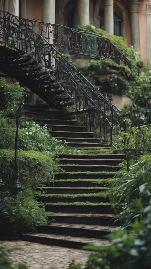 Una escalera gótica de hierro forjado negro que conduce a un jardín verde.