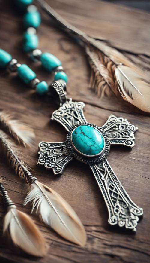 Cruz cristiana de inspiración boho hecha a mano con piedras turquesas y plumas.