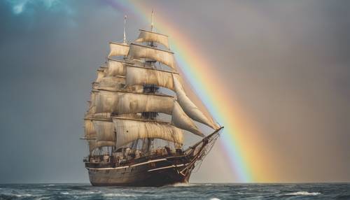 A large old ship sailing beneath a grand rainbow with soft neutral shades in a windy day.