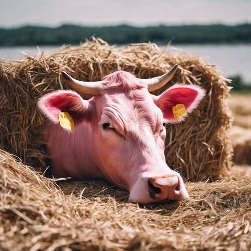 Gambar sapi berwarna merah muda sedang tidur siang dengan tenang di tumpukan jerami.