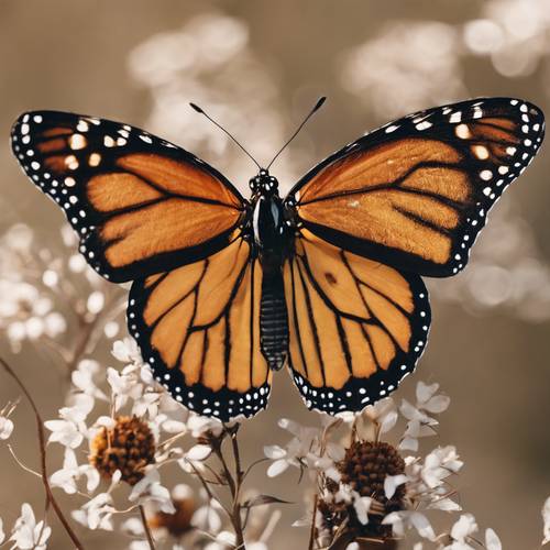 Imagen de cerca de una delicada mariposa monarca con intrincados patrones de rayas marrones en sus alas.