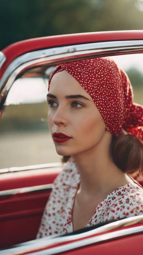 Une jeune femme portant un foulard à imprimé cerises, conduisant une voiture vintage rouge.