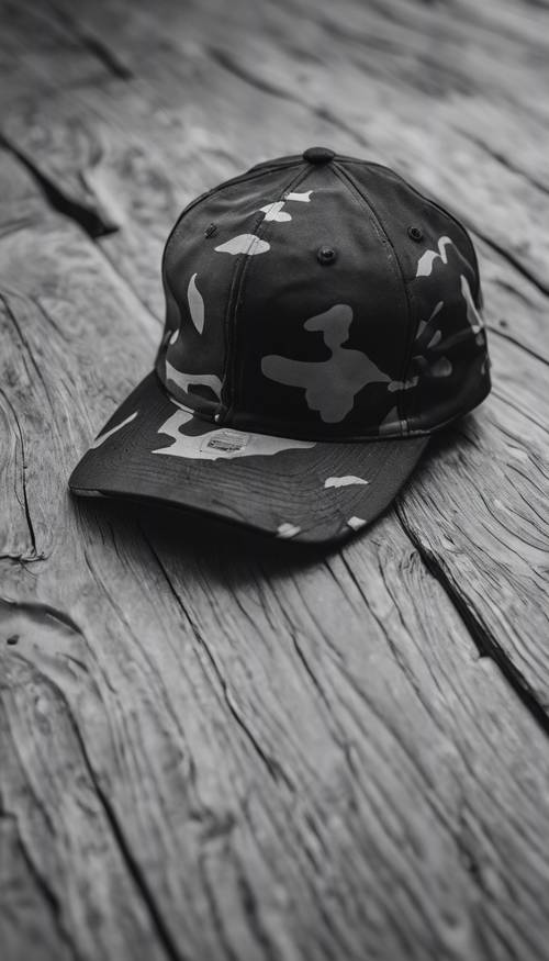 A black and white camo cap lying on a wooden table.