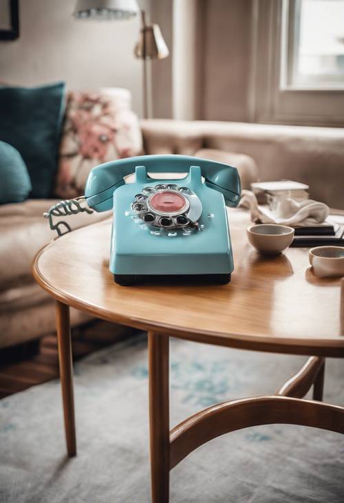 Retro-Wohnzimmer mit einem pastellblauen Wählscheibentelefon auf einem modernen Couchtisch aus der Mitte des Jahrhunderts.