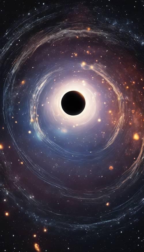 Un trou noir avec un disque d&#39;accrétion, sous un ciel nocturne cosmique.
