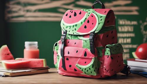 A cheerful watermelon print preppy style backpack on a classroom table". Wallpaper [af58cb9d836c457aba6a]