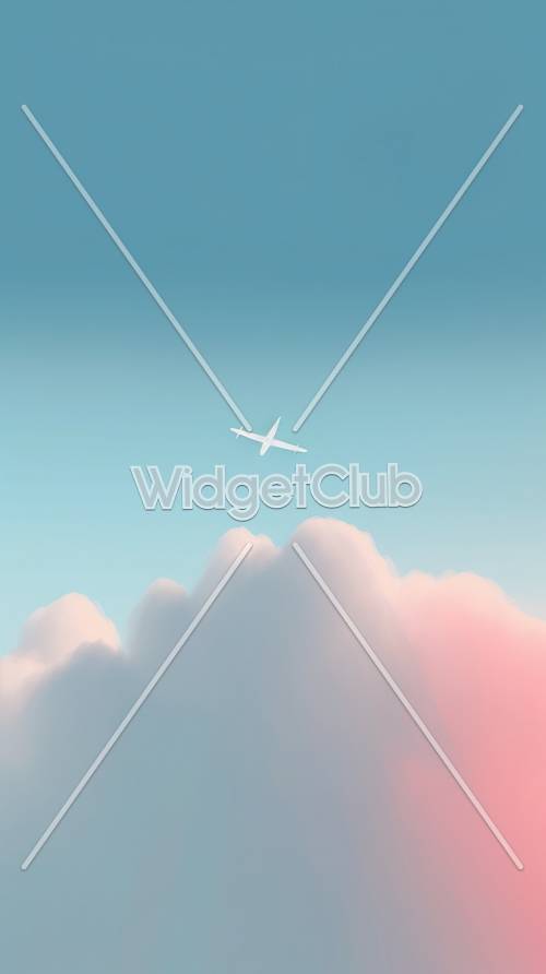 เครื่องบินทะยานเหนือเมฆสีชมพูอ่อนและสีฟ้า
