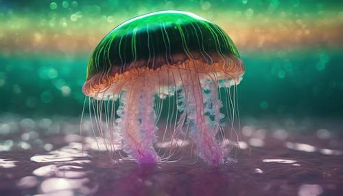 A close-up shot of a jellyfish with glowing rainbow hues swimming in emerald green seawater