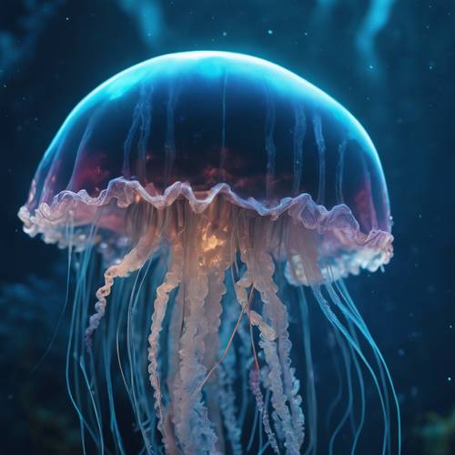 Uma obra de arte com tema de águas profundas mostrando uma água-viva bioluminescente, irradiando uma misteriosa luz azul no abismo.