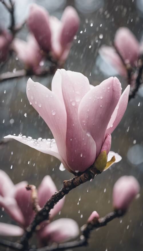 A close-up view of a magnolia blossom wet from a spring shower.