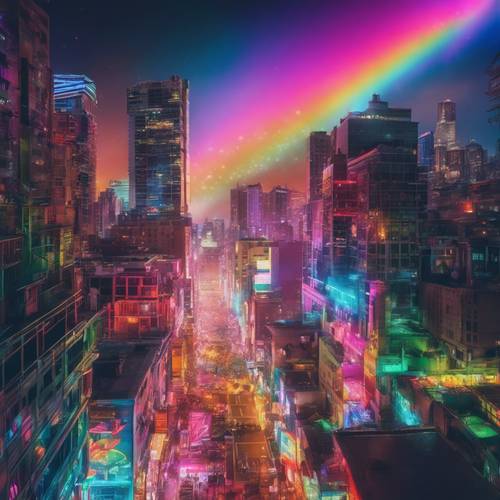 Surrealistyczny pejzaż miejski oświetlony neonami z jaskrawo kolorową, niemal holograficzną tęczą przecinającą nocne niebo.