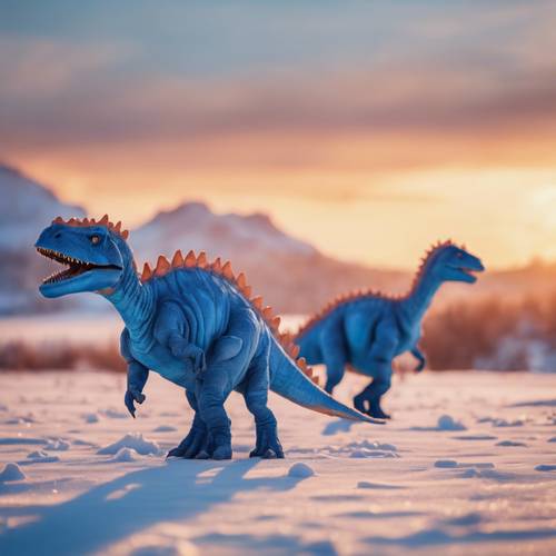 A pack of blue dinosaurs migrating across a snowy, frosted landscape blushed with the orange hue of sunset.