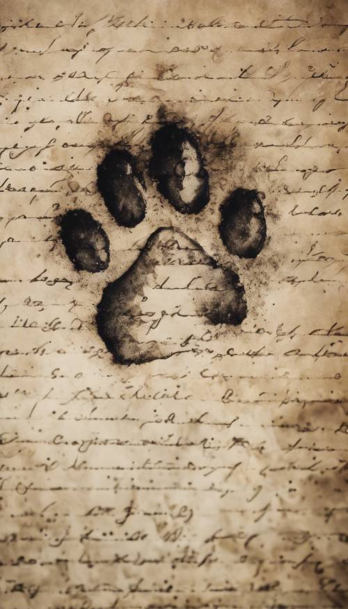 Vista ravvicinata dell&#39;impronta della zampa imbevuta di inchiostro di un cucciolo appena nato su una carta pergamena.