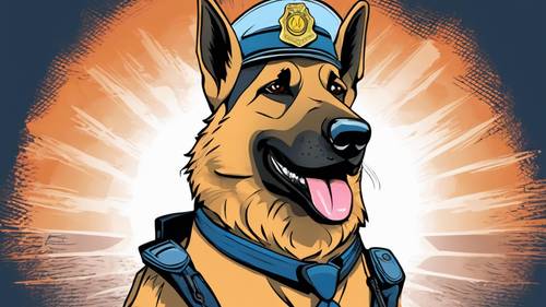 勇敢な漫画のドイツシェパードが警察官の帽子をかぶって、一日を救う準備ができています
