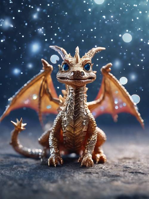 A tiny starlite dragon with sparkling scales, frolicking in an open star-studded sky.