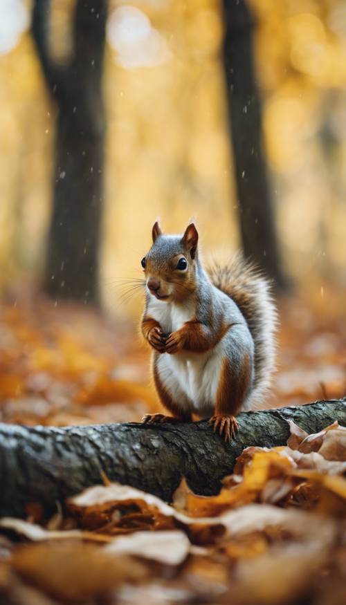 Un hermoso y maduro bosque en otoño dorado, con ardillas grises retozando.