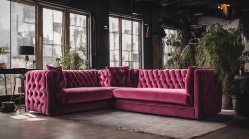 Un canapé en velours rose foncé dans un loft haut de gamme