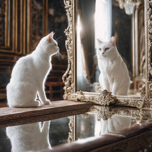 قطة بيضاء تحدق في انعكاس صورتها في مرآة كبيرة مزخرفة في قصر قديم مهيب.