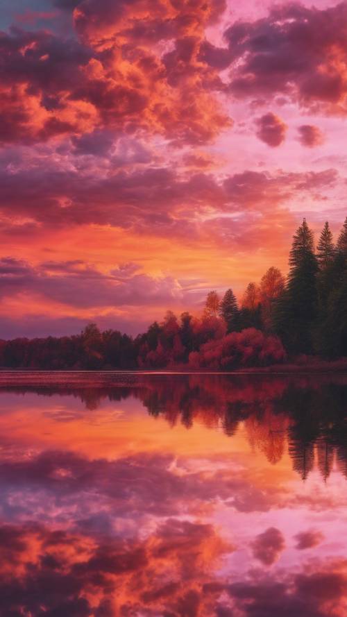 Un tramonto vibrante che dipinge il cielo con sfumature di arancione e rosa, specchiato su un lago tranquillo.
