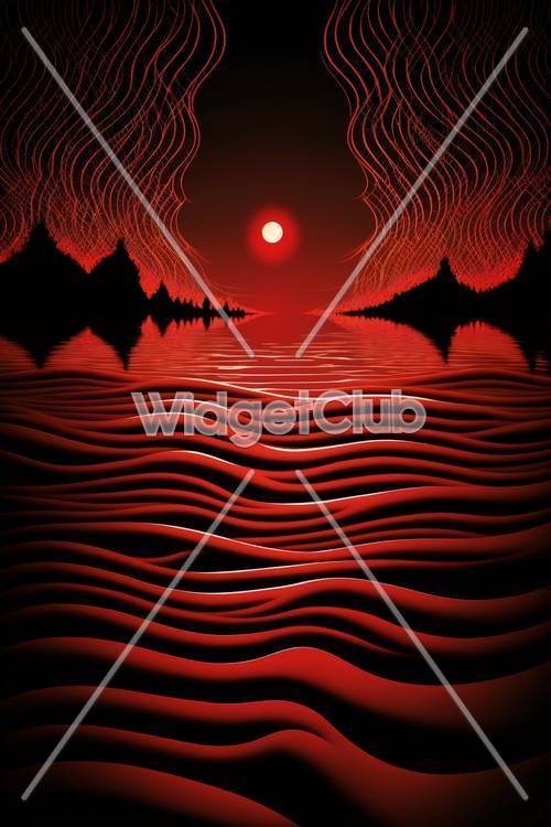 Red Sun Over Wavy Lines and Mountains