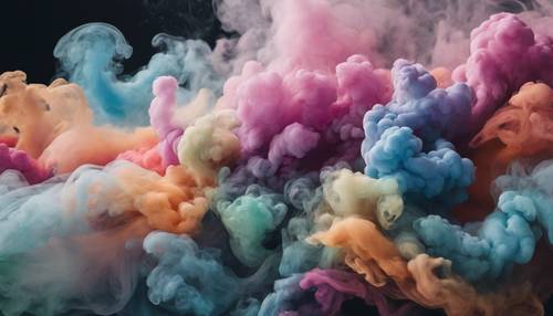 An abstract expressionist artwork depicting waves of multi-colored smoke, blending into each other.