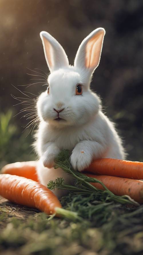 Ein neugeborenes weißes Kaninchen schaut neugierig auf eine große Karotte.