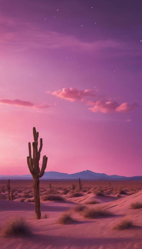Uma paisagem desértica solitária durante o crepúsculo, a última luz do dia dando ao céu uma tonalidade roxa e rosa.