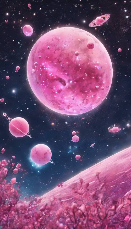 An artsy drawing of pink boba floating space, with vibrant constellations and galaxies in the back.