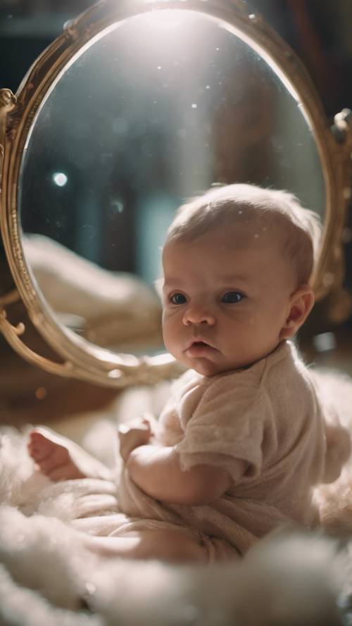 A newborn baby's reflection in a mirror with wonder on its face.