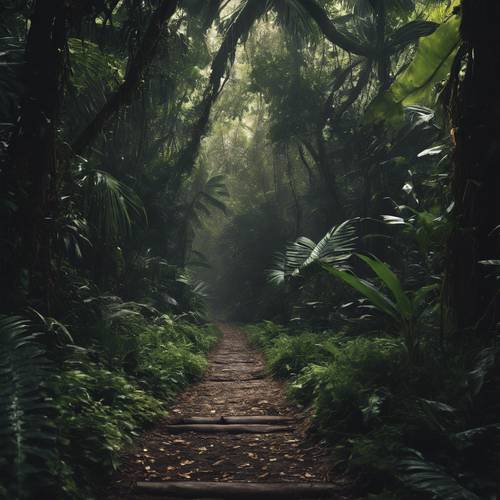 Uma única trilha coberta de folhas cortando o centro de uma selva escura.