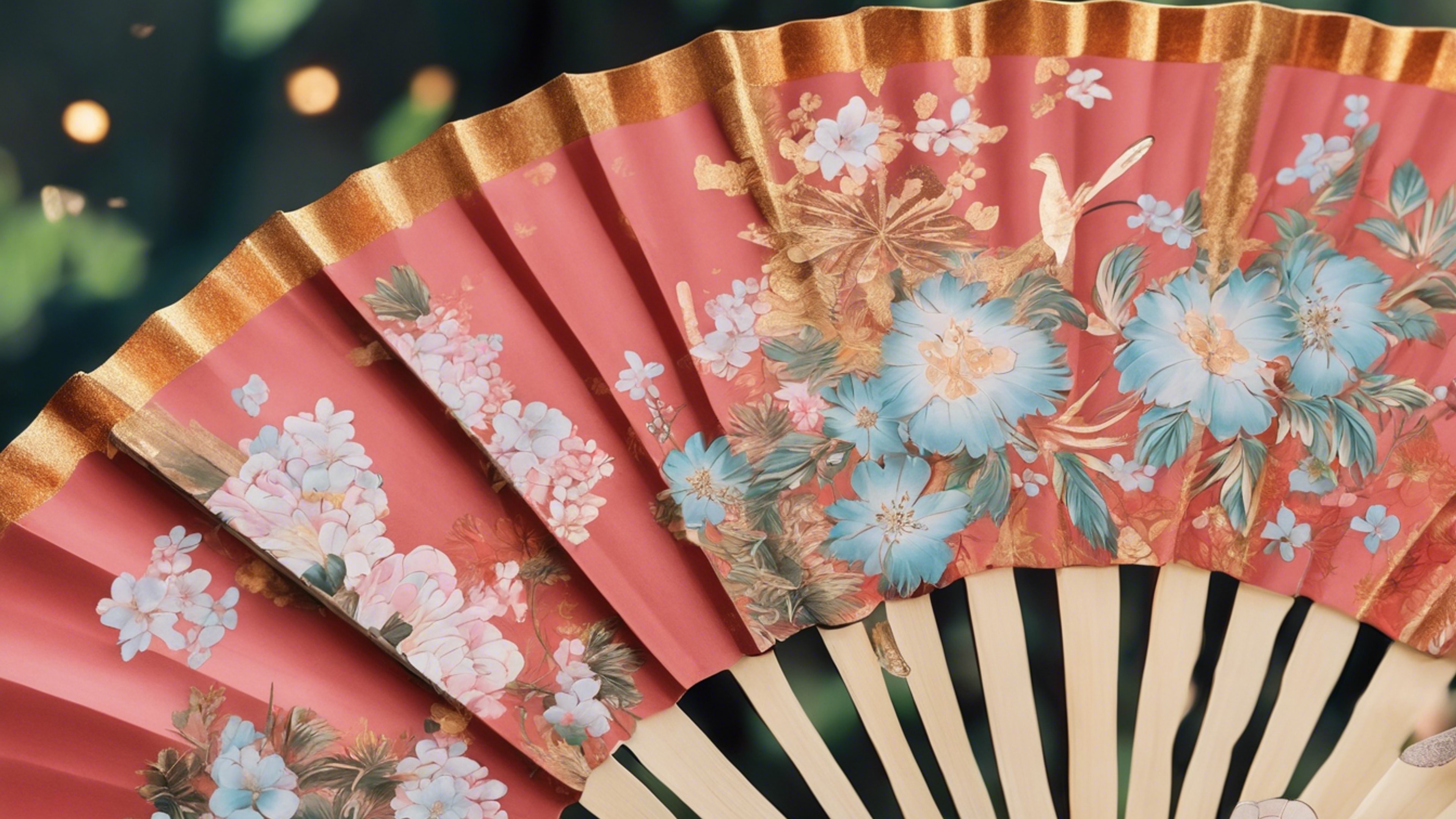 Details of a beautifully hand-painted Japanese folding fan, with floral motifs and gold ink.壁紙[fcd2c81630da47d2a1f0]