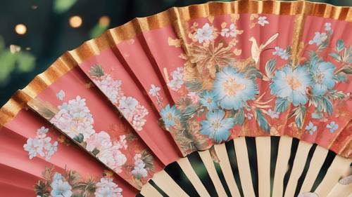 פרטים של מניפה יפנית מתקפלת מצוירת להפליא, עם מוטיבים פרחוניים ודיו זהב.