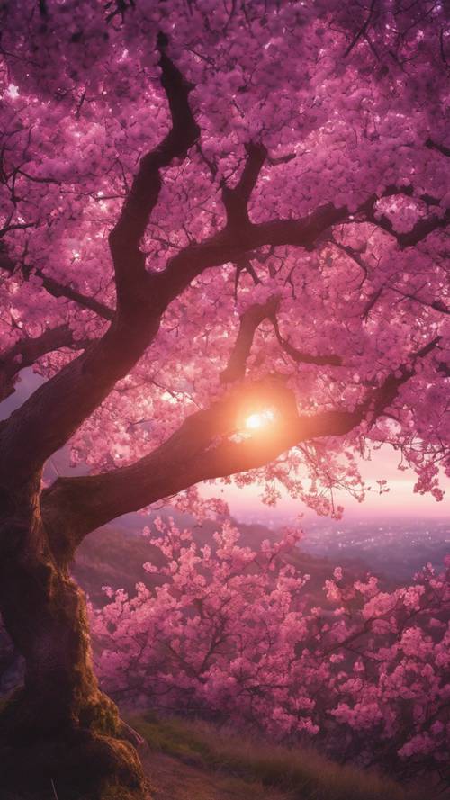 Un arbre à fleurs roses luxuriant sous un magnifique coucher de soleil violet.